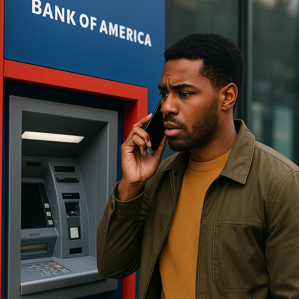 Customer standing near a Bank of America ATM after their card was retained, calling customer service for assistance