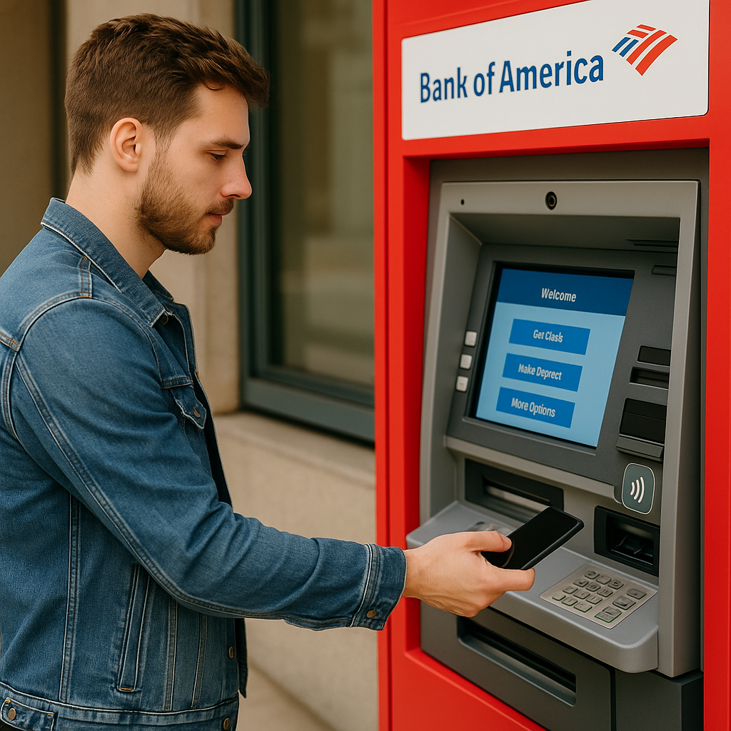 Customer using a modern Bank of America ATM with cardless access and mobile wallet payment