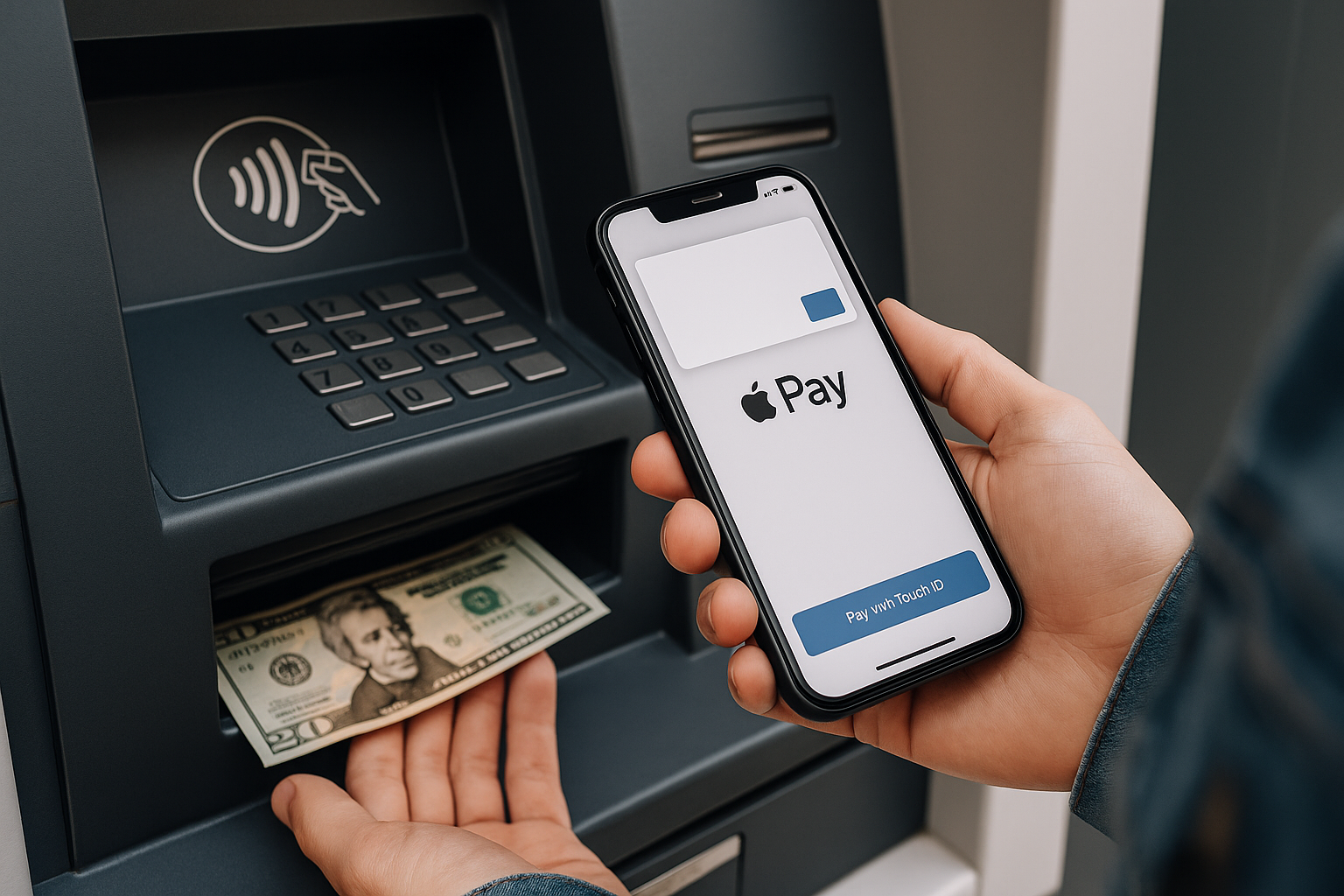 Person withdrawing cash from an ATM using Apple Pay on smartphone