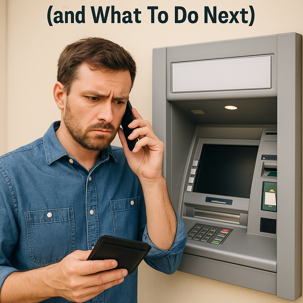 Customer standing near an ATM after their card was retained, calling their bank for assistance