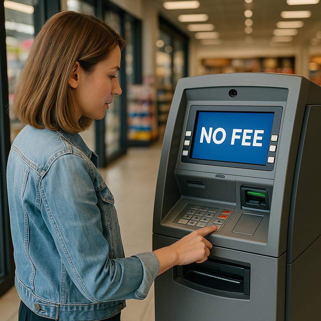 Customer using an ATM with “no fee” displayed on the screen inside a modern retail store