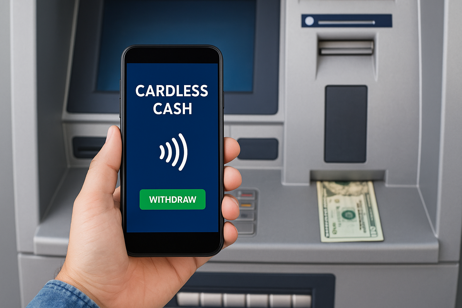 Customer using phone to withdraw cash from a cardless ATM