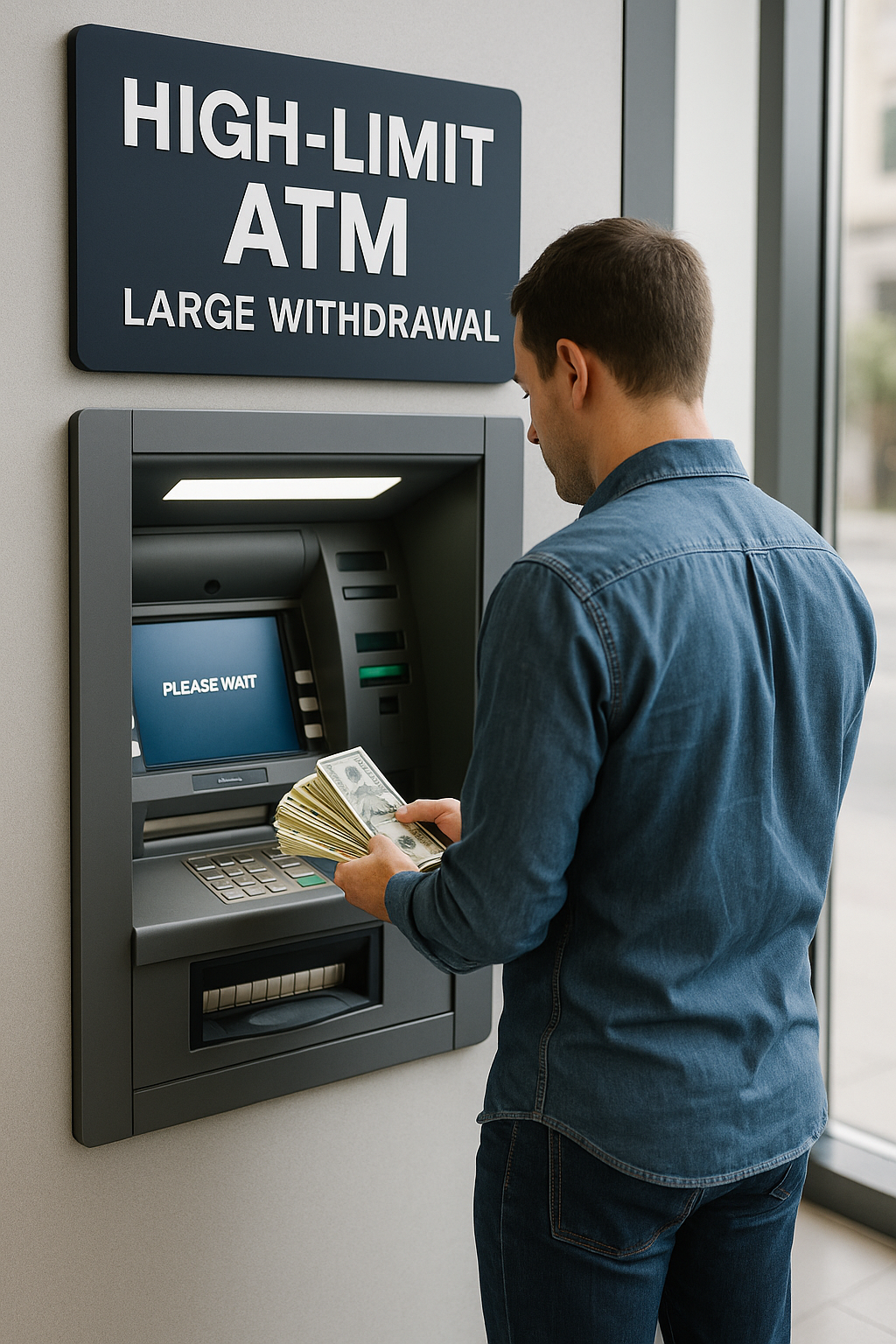 Customer withdrawing a large amount of cash from a secure high-limit ATM at a modern bank branch