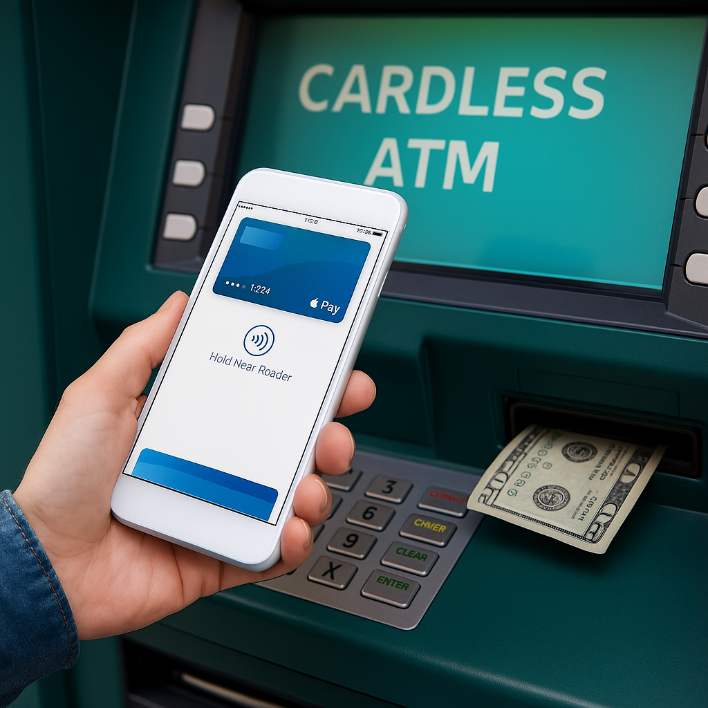 Person using smartphone with Apple Pay to withdraw cash from a cardless ATM